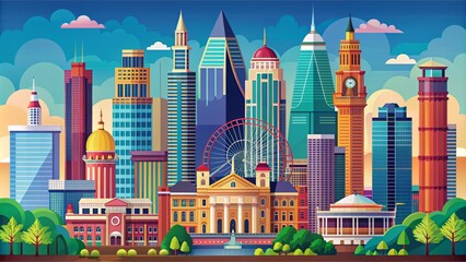 Obraz premium Vibrant flat vector illustration of Atlanta's iconic landmarks, architecture, and cultural symbols in bold typography, blending technology and travel essence.
