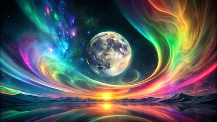 Obraz premium Vibrant digital art moon amidst swirling colorful aurora lights, set against a dark, mystical black background, evoking fantasy and enchantment.