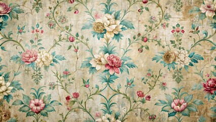 Distressed ornate floral pattern with faded pastel colors and cracks on a worn, aged, peel-off-able vintage wallpaper background.