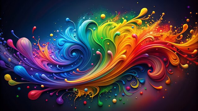 Vibrant colorful paint splatters in abstract swirls on dark background convey energetic joyful celebratory atmosphere perfect for Pride month expression.