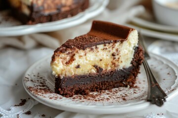Slice of Chocolate Cheesecake with a Brownie Crust