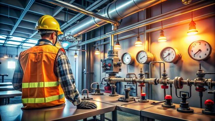 Obraz premium Industrial control room with metal pipes, gauges, and valves, illuminated by ceiling lamps, with a hard hat and vest on a table.