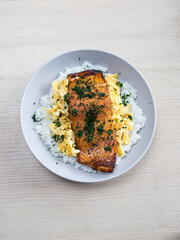 A beautiful serving of baked salmon and eggs.