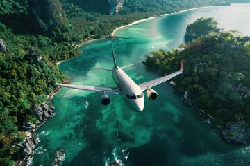 Fototapeta premium Aerial view of plane landing at tropical beach resort.