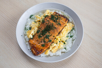 A bowl of salmon and egg ochazuke.