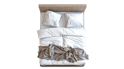 Top view of double bed with headboard on transparent background