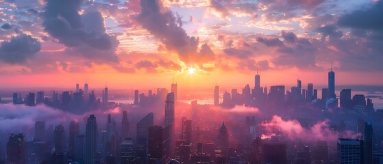 Fototapeta premium A breathtaking sunrise over the bustling skyline of New York City, bathed in hues of pink and orange with misty clouds adding drama to the scene.