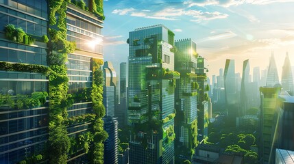 Obraz premium A futuristic city skyline with skyscrapers covered in lush greenery. The buildings blend seamlessly with nature, creating a sustainable and harmonious urban environment.