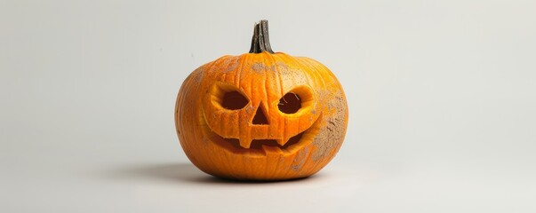 Pumpkin jack-o'-lantern with spooky carved face on white background