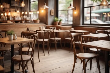 Fototapeta premium blurred Warm light fills a luxurious restaurant interior with empty wooden tables and plush chairs set for a romantic dinner