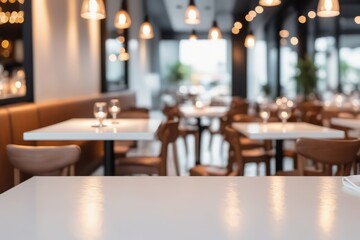 blurred Warm light fills a luxurious restaurant interior with empty wooden tables and plush chairs set for a romantic dinner