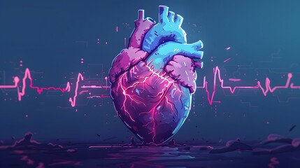 Hyper-realistic pop art of an artistic representation of Long QT Syndrome, showing a human heart with electrical signals, capturing the disorder's complex nature with vivid and detailed illustrations.