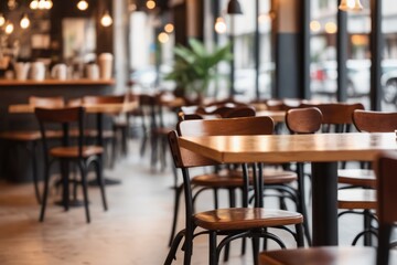 Fototapeta premium blurred Empty wooden chairs line the grand, high-ceilinged interior of a cafe, restaurant , bathed in warm afternoon light