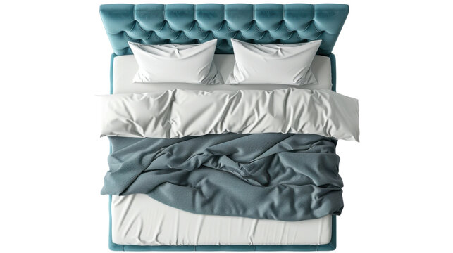 Top view of double bed with headboard on transparent background