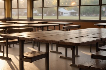 Fototapeta premium blurred Empty wooden chairs line the grand, high-ceilinged interior of a cafe, restaurant , bathed in warm afternoon light