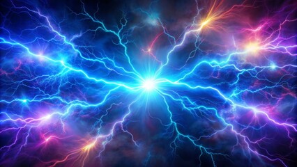 Vibrant abstract background featuring blue and purple hues with streaks of radiant blue neon lightning illuminating the dark atmosphere.