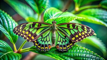 Vivid green leaves outdoors serve as tranquil resting spot for delicate, intricately patterned butterfly with beautiful, feathery antennae.