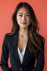 A woman in a business suit smiling at the camera against a red background.