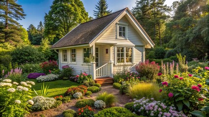 Cozy freestanding small cottage with white siding, wooden accents, and a pitched roof amidst lush greenery and blooming flowers.
