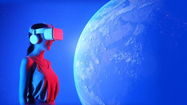Woman in VR glasses looking rotating earth surface turning to metaverse world in future global innovation interface digital 3D infographic network technology visual hologram animation. Hallucination.