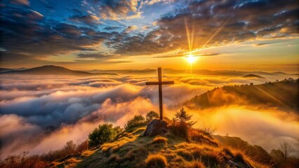 Dramatic golden sunrise illuminates a lone crucifix standing atop a misty hill overlooking a serene deserted landscape.