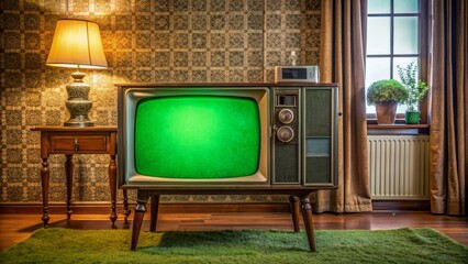 Old fashioned television set with green screen displaying static noise in a vintage living room with outdated furniture.