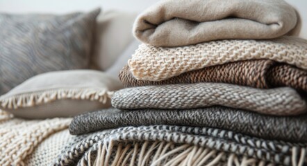 Stack of Cozy Blankets on a White Couch in a Living Room