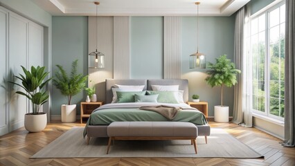 Fototapeta premium Soothing, uncluttered room with a serene palette, featuring a sleek bed, minimalist decor, and ample natural light pouring in.