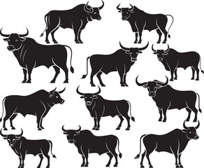 Bull longhorn cow farm animals silhouette collection, Silhouette bull collection isolated white background