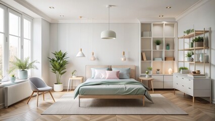 Fototapeta premium Clean white walls, minimalist furniture, and soft pastel hues create a serene and calming aesthetic in this peaceful bedroom retreat.