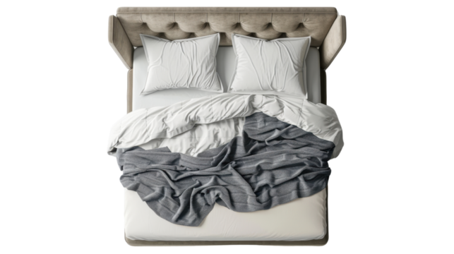 Top view of double bed with headboard on transparent background