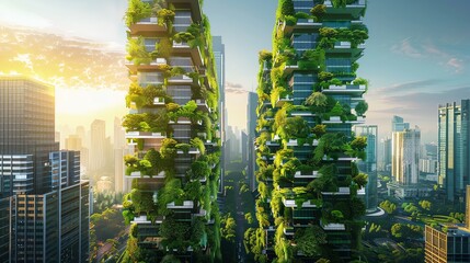 Obraz premium Two futuristic, vertical green buildings stand tall against a city skyline at sunset