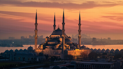 Obraz premium Blue Mosque at twilight symbolizing spirituality, AI Generative.