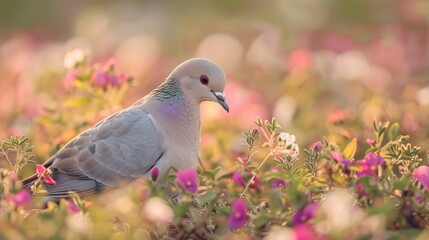 Obraz premium Pigeon standing on grass with pink flowers in the background, sunlight illuminating the scene