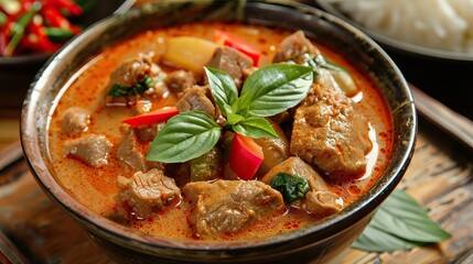 Thai red curry with chunks of chicken, fresh basil leaves, and red chili peppers in a brown bowl on a wooden table