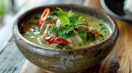 Thai green curry with chicken, red chili peppers, and fresh basil leaves in a rustic bowl on a wooden table