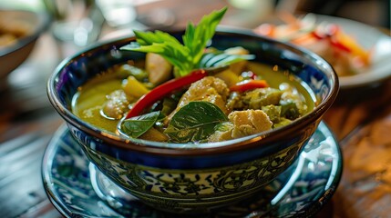 Thai green curry with vegetables and fresh basil leaves in a blue ceramic bowl on a wooden table