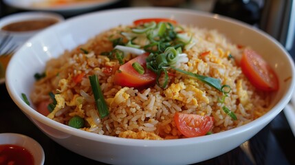 Thai fried rice with vegetables, garnished with tomato slices and green herbs in a white ceramic bowl