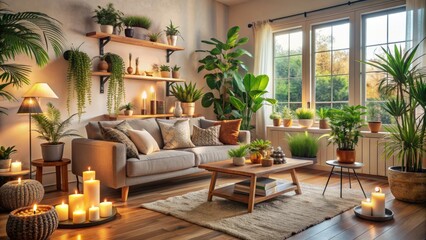Cozy living room interior with plants, candles, and natural light, conveying a sense of relaxation, wellness, and modern home comfort.