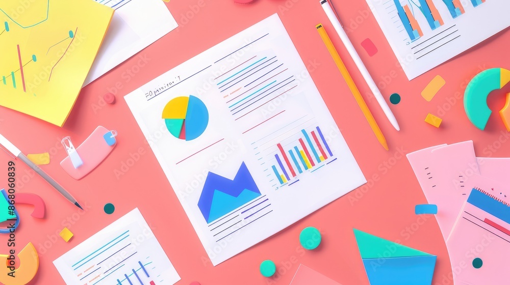 Poster flat lay of business reports with charts and graphs