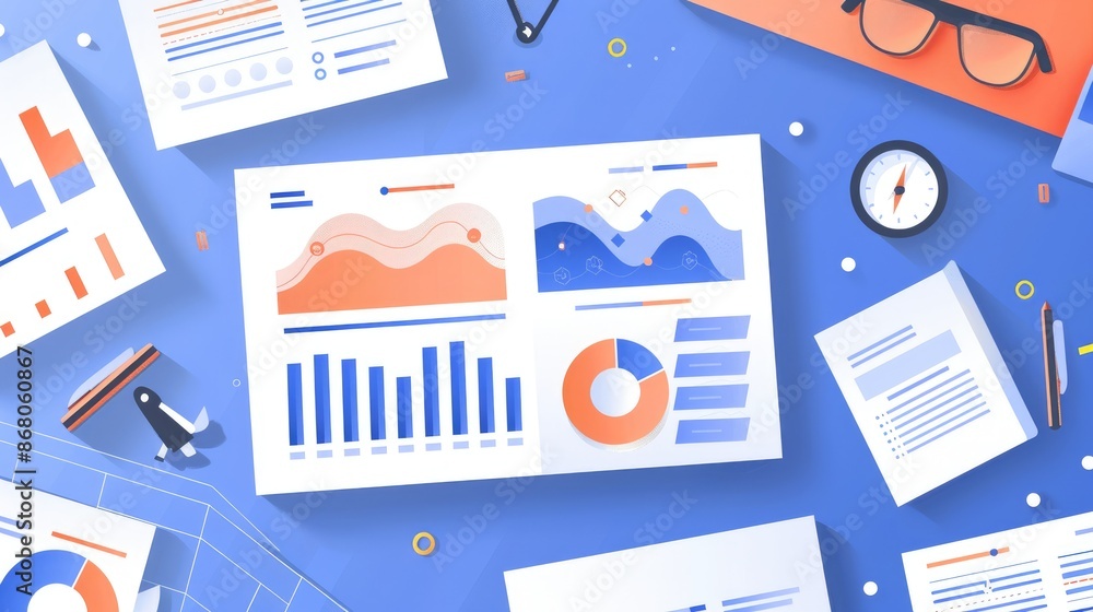 Poster flat lay of business reports with charts and graphs