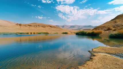 Fototapeta premium Blue Pond in Desert with Clear Sky and Sandy Surroundings, Serene and Tranquil Landscape, Nature Beauty