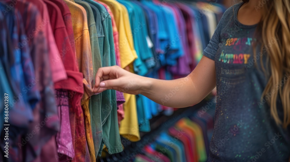 Canvas Prints A woman selects an affordable and trendy cotton shirt from a t-shirt rack at a thrift store.