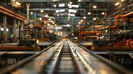 Fototapeta premium Factory floor with conveyor belts and machinery