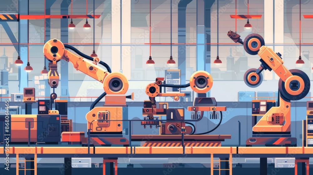 Poster factory assembly line with automated machinery