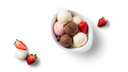 ice creams scoops that various flavor in white bowl isolated on background
