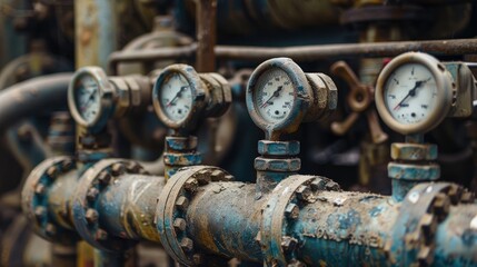 Close-up of industrial valves and gauges