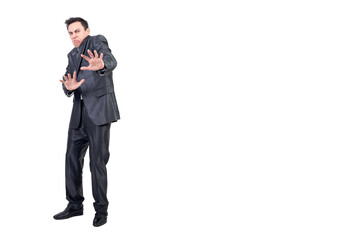 Young disgusted male manager making face ad denial gesture