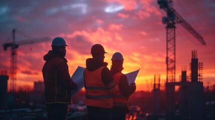 Obraz premium Construction site at dusk with architect, civil engineer, and worker evaluating project plans. Silhouetted figures against the sunset sky provide a picturesque backdrop.