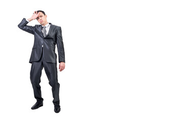 Tired man in light studio. White background.